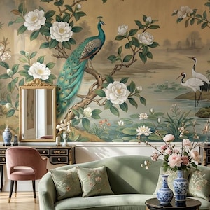 Peacock and Crane Wallpaper Mural For Living Room With Natural Scenic View