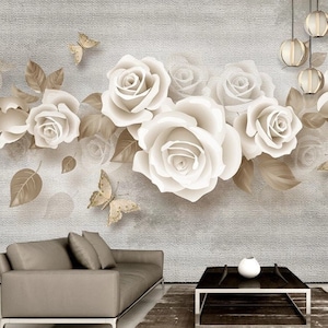 Rose bianche Oro Giallo Farfalla Fiori Sfondo Carta da parati floreale Autoadesivo Peel and Stick Wall Sticker Decorazione da parete Rimovibile