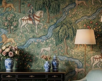 Enchanted Forest Wallpaper Mural For Living Room With Knight Scene