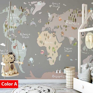 Children World Maps Lama Alpaca Cactuses and Leaves Background Wallpaper Self Adhesive Peel and Stick Wall Mural Wall Decoration Removable