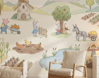 Boerderijbehang voor kinderkamer met grillige plattelandsdieren