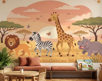 Safari Animals Wallpaper Sunset Scene Mural For Kids Bedroom
