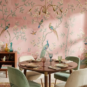 Floral Bird Wallpaper Mural For Bedroom With Soft Pink Blossom