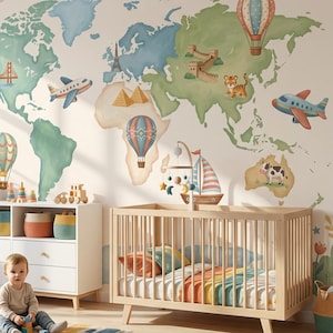 Papier peint carte du monde mural fantaisiste pour chambre d'enfant