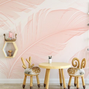 Nordic Feather Line Pink Leaf Carta da parati non tessuta rimovibile Autoadesiva Peel and Stick Wall Mural Wall Decoration Scandinavo rimovibile