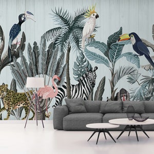 Tapete mit tropischen Dschungeltieren zum Abziehen und Aufkleben | Selbstklebendes Wandbild | Abnehmbares minimalistisches skandinavisches Dekor