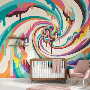 Swirl Wallpaper With Dripping Rainbow Bands For Game Room