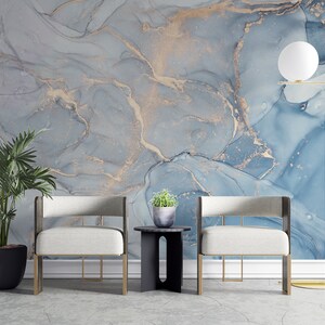 Marble Texture Abstract Blue Golden Look Acrylic Paints Wallpaper Self Adhesive Peel and Stick Wall Mural Wall Decoration Removable