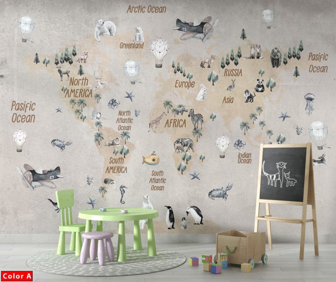 Kids Wallpaper World Map Peel and Stick Playroom Wall Mural Removable ...