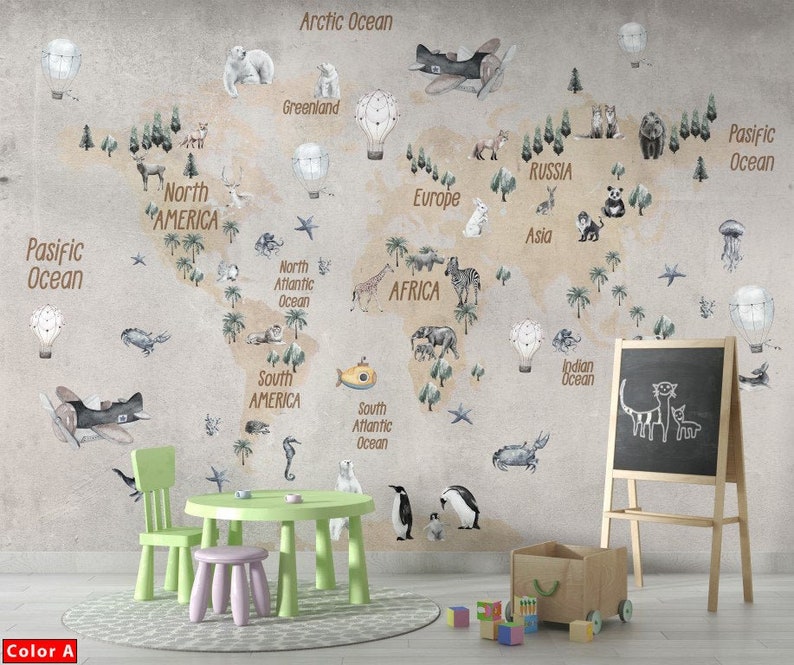 Kids Wallpaper World Map Peel and Stick Playroom Wall Mural Etsy
