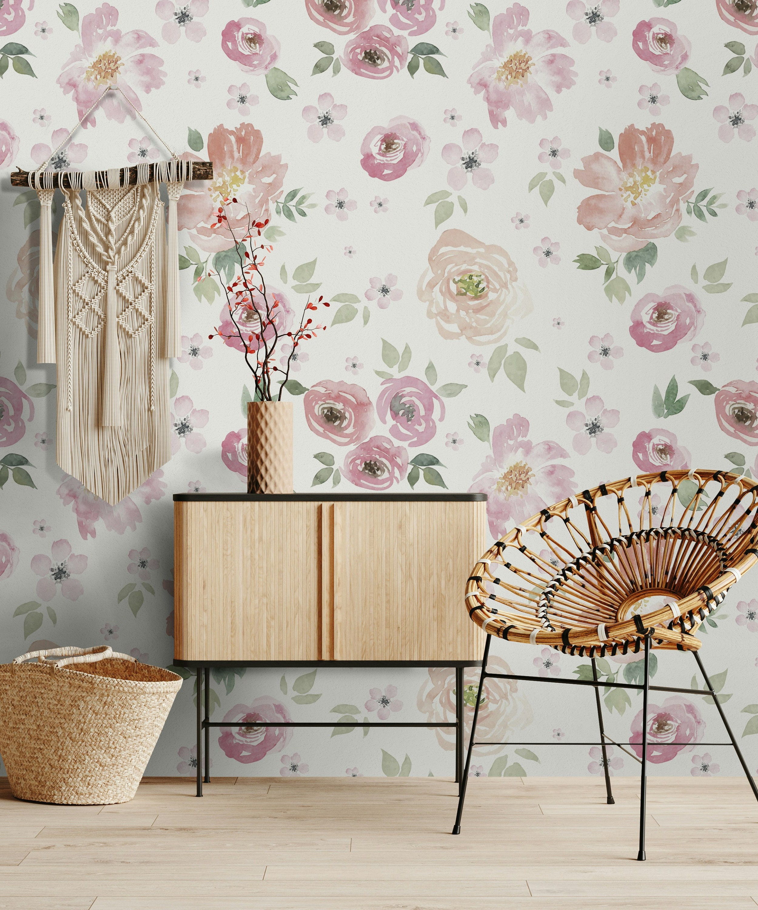 Watercolor Flowers Wallpaper | Pink Floral Peel and Stick Wall Mural ...