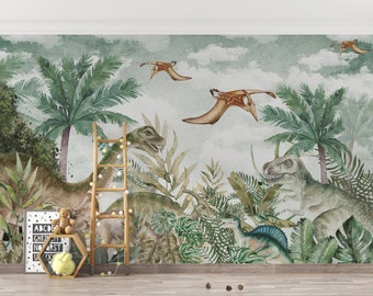 Dino Park Predatory Dinosaurs Wallpaper Self Adhesive Peel and Stick Wall Mural Wall Decoration Design