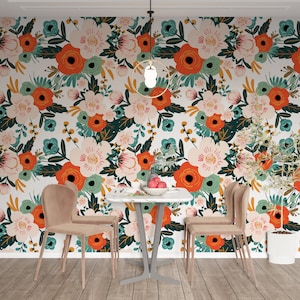 Vintage Style Colorful Flowers Floral Background Wallpaper Self Adhesive Peel and Stick Wall Murals Wall Decoration Removable
