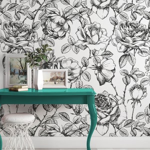 Sketch Flowers Black and White Floral Wallpaper Self Adhesive Peel and Stick Wall Mural Wall Decoration Scandinavian Design Removable