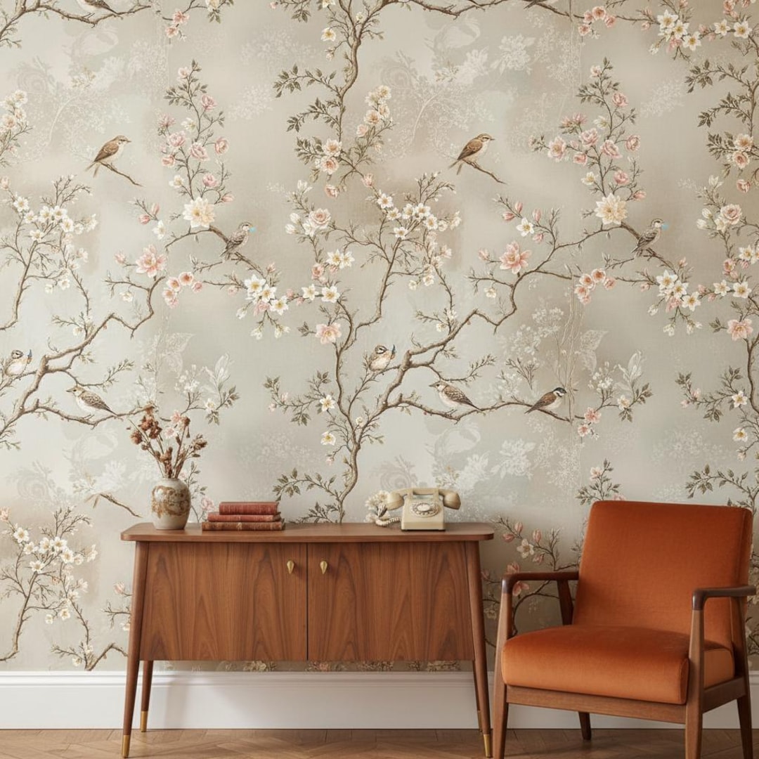 Floral Wallpaper Birds Peel and Stick Vintage Wall Mural - Etsy