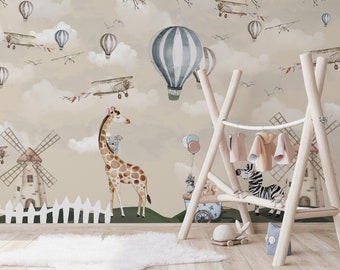 Zebra Giraffe Skunk Old Type Aircrafts Air Balloons Wallpaper Self Adhesive Peel and Stick Wall Murals Wall Decoration Removable