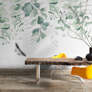 Foglie e farfalle di colore verde morbido Piante astratte Carta da parati autoadesivo Peel and Stick Wall Decoration Design rimovibile