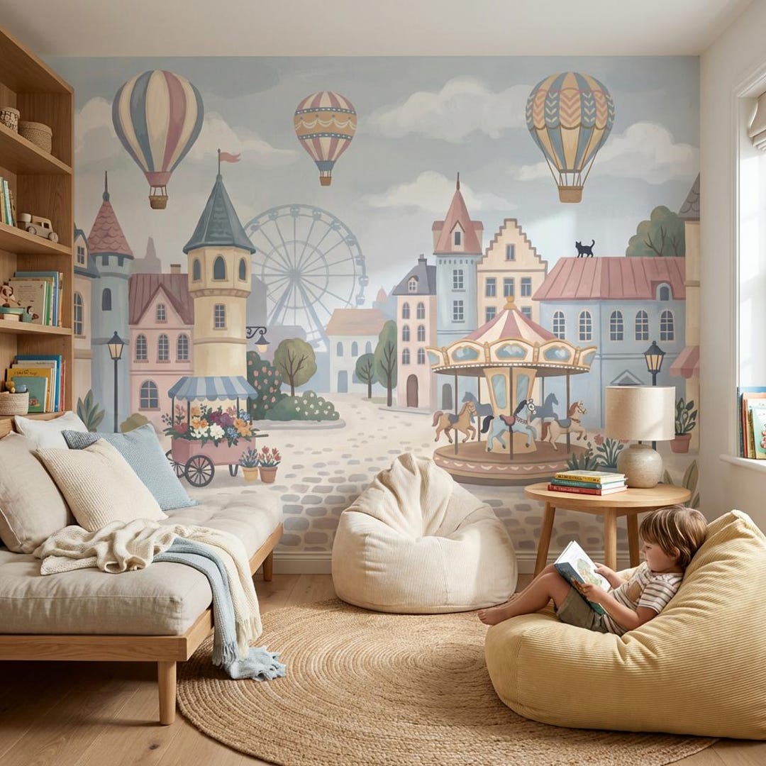 Hot Air Balloon Wallpaper With Carousel for Kids Rooms - Etsy