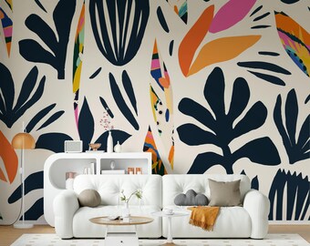 Exotic Abstract Organic Plants Wallpaper Colorful Design Wall Decor Illustration Peel and Stick Wall Mural