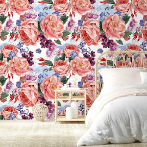 Bouquet of Roses Wild Flowers Vintage Style Wallpaper Self Adhesive Peel & Stick Wall Murals Wall Decoration Scandinavian Design Removable