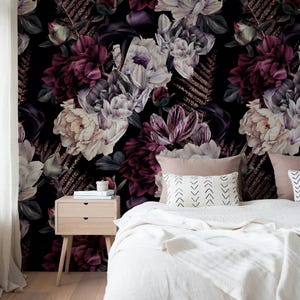 Colorful Roses and Leaves Dark Background Flowers Modern Floral Wallpaper Self Adhesive Peel & Stick Wall Mural Wall Decoration Removable
