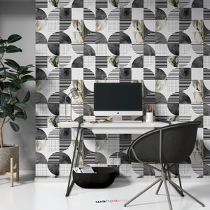 Formes géométriques modernes Demi-cercles Cercles Carrés Papier peint Autocollant Peel et Stick Wall Mural Décoration murale Amovible