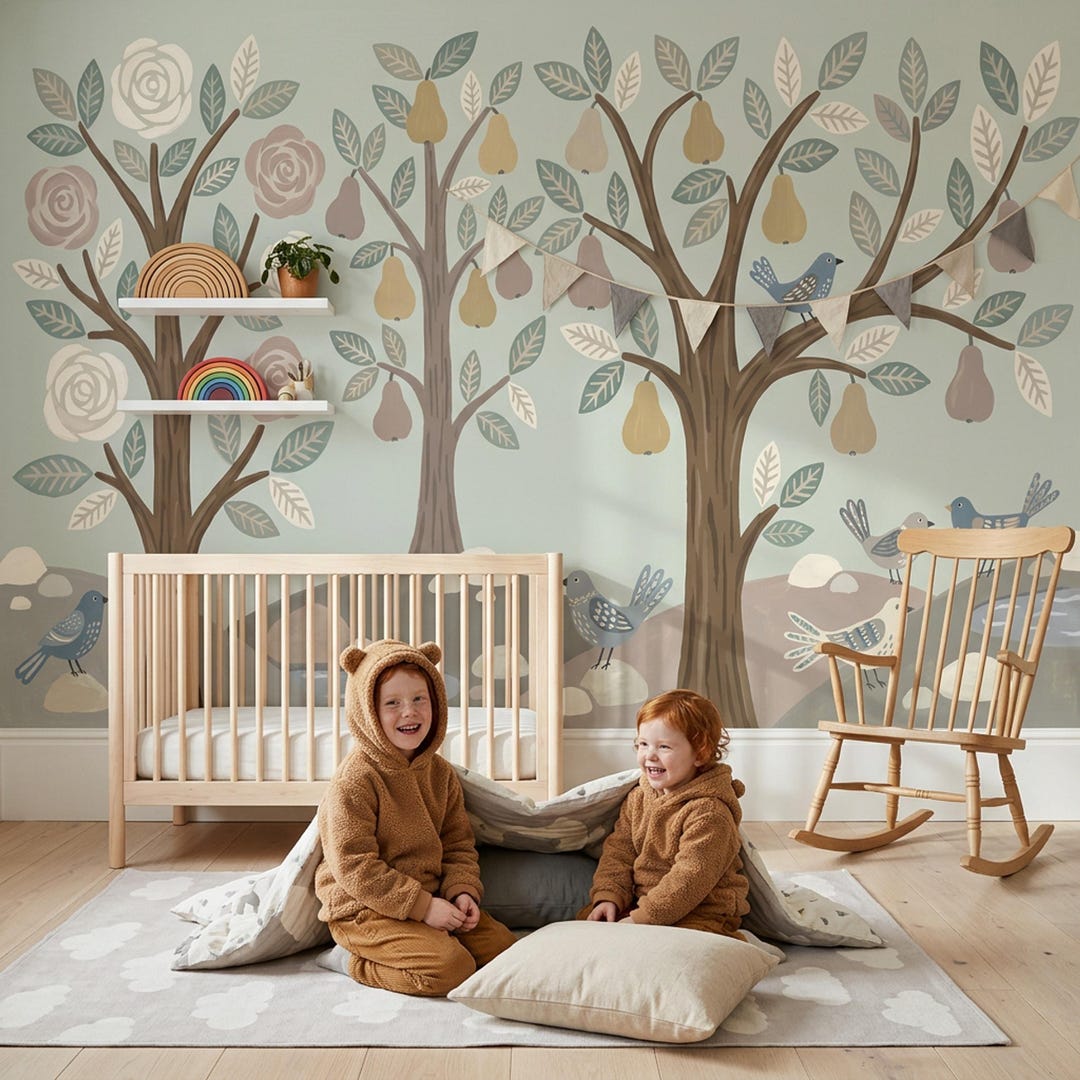 Whimsical Woodland Wallpaper Stylized Trees Peel and Stick Hand Painted ...