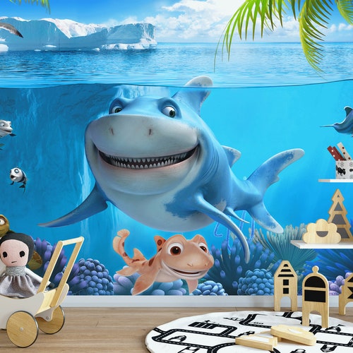 Underwater World Cartoon Shark Dolphin Turtle Animals - Etsy UK Underwater World Cartoon Shark Dolphin Turtle Animals - Etsy UK