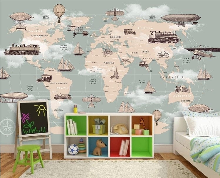 Kids Wallpaper Kids Map Peel and Stick Worldmap Wall Mural Removable - Etsy