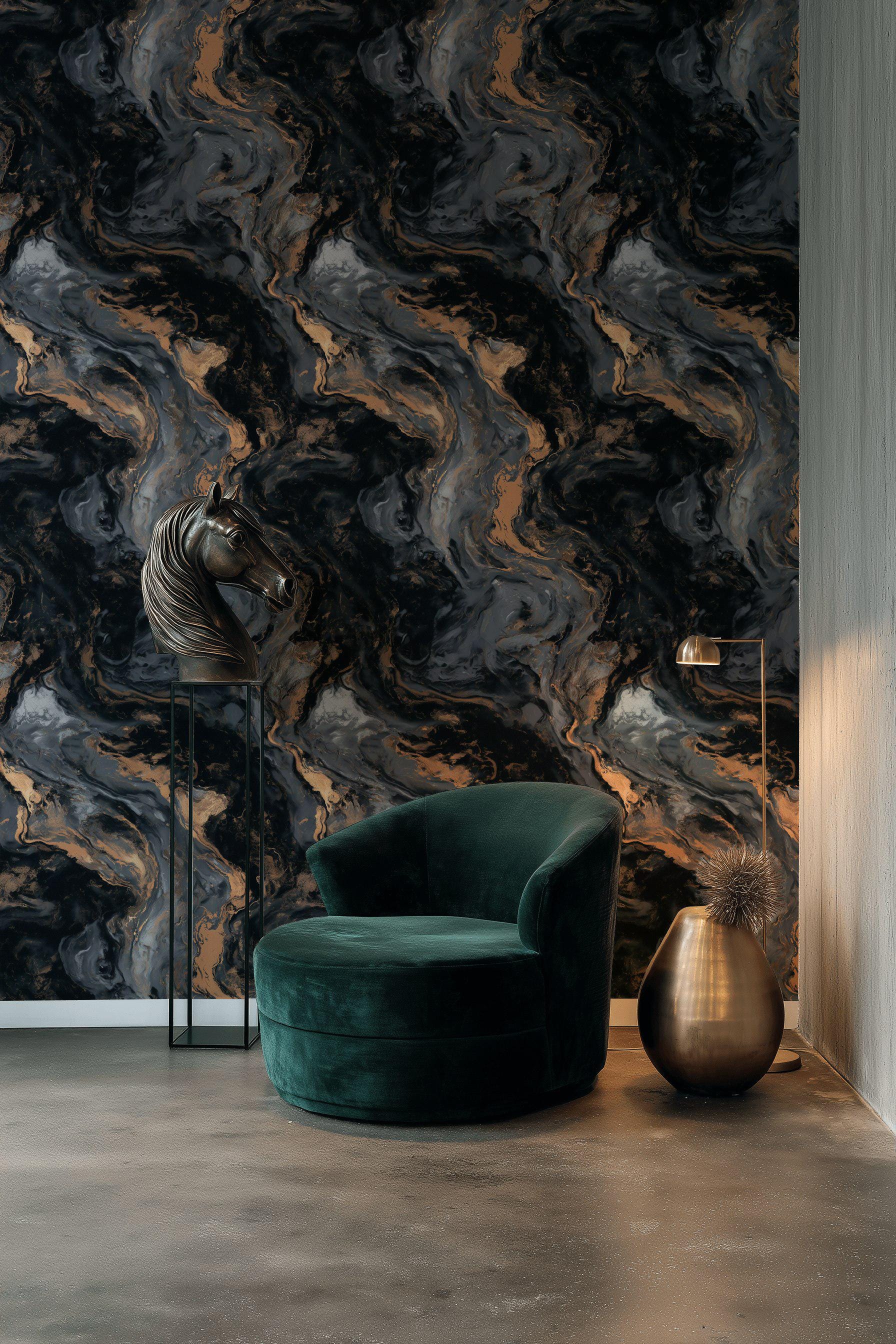Marble Swirl Wallpaper Black Gold Look Peel and Stick Abstract Wall ...