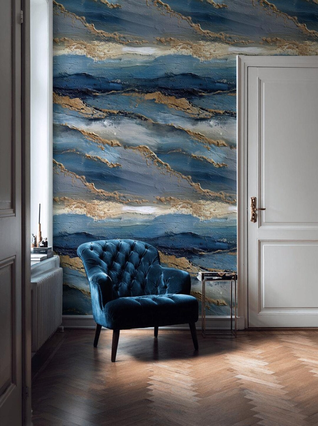 Blue Gold Abstract Wallpaper Ocean Peel and Stick Textured Wall Mural ...