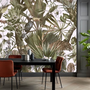 Tropical Jungle Plants and Leaves Wallpaper | Peel and Stick Self Adhesive Mural | Removable Rainforest Floral Wall Decoration