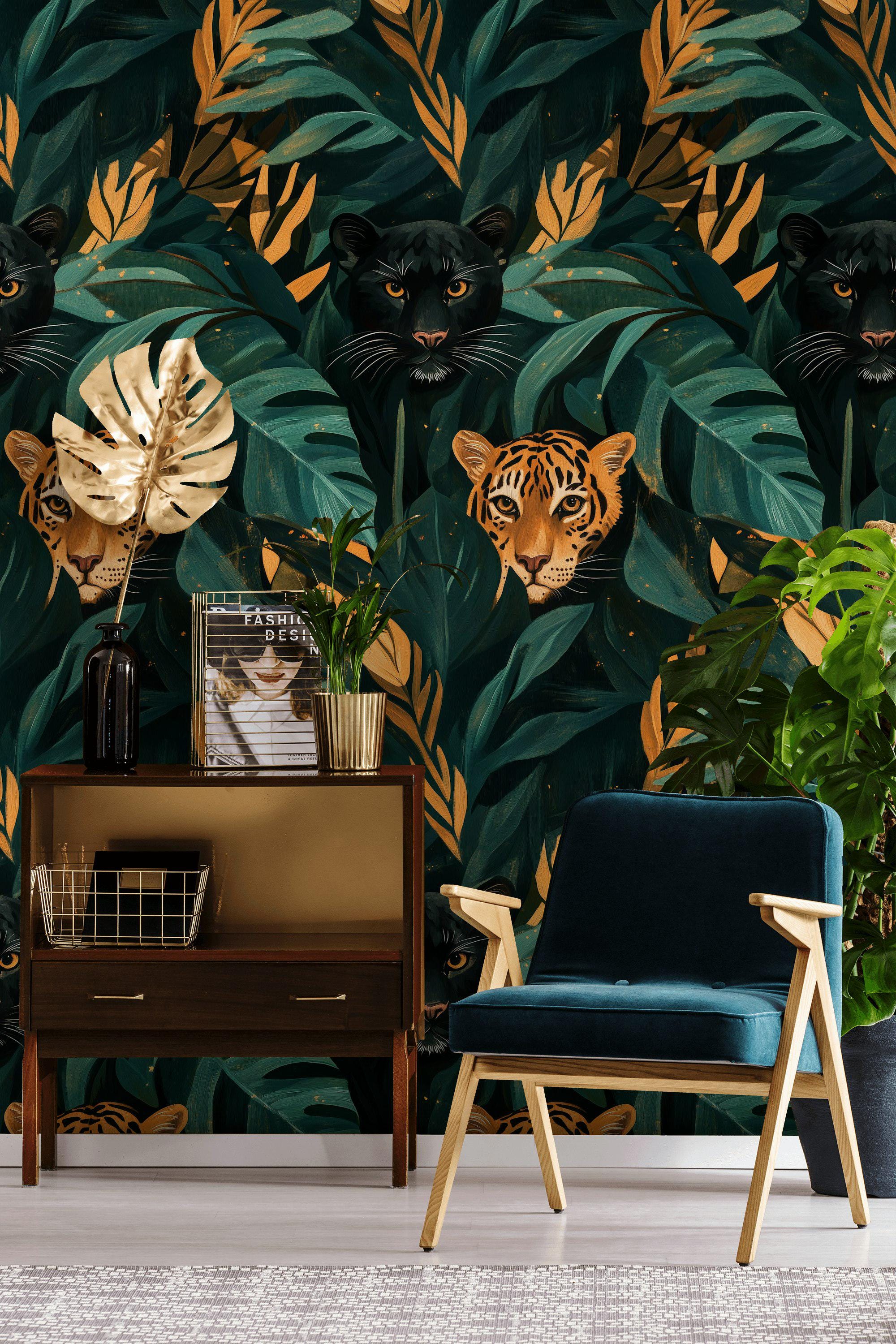Tropical Jungle Cat Wallpaper Peel and Stick Exotic Animal Wall Mural ...