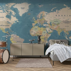 Océanos azules y continentes mapa del mundo papel pintado autoadhesivo Peel and Stick murales de pared decoración minimalista escandinavo extraíble