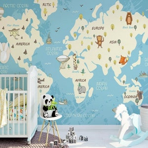 Papel pintado para niños, guardería, Peel and Stick, mapa del mundo, revestimiento de paredes, decoración de pared escandinava extraíble