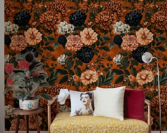 Orange Floral Wallpaper Black Dahlia Peel And Stick Vintage Bloom Wall Mural