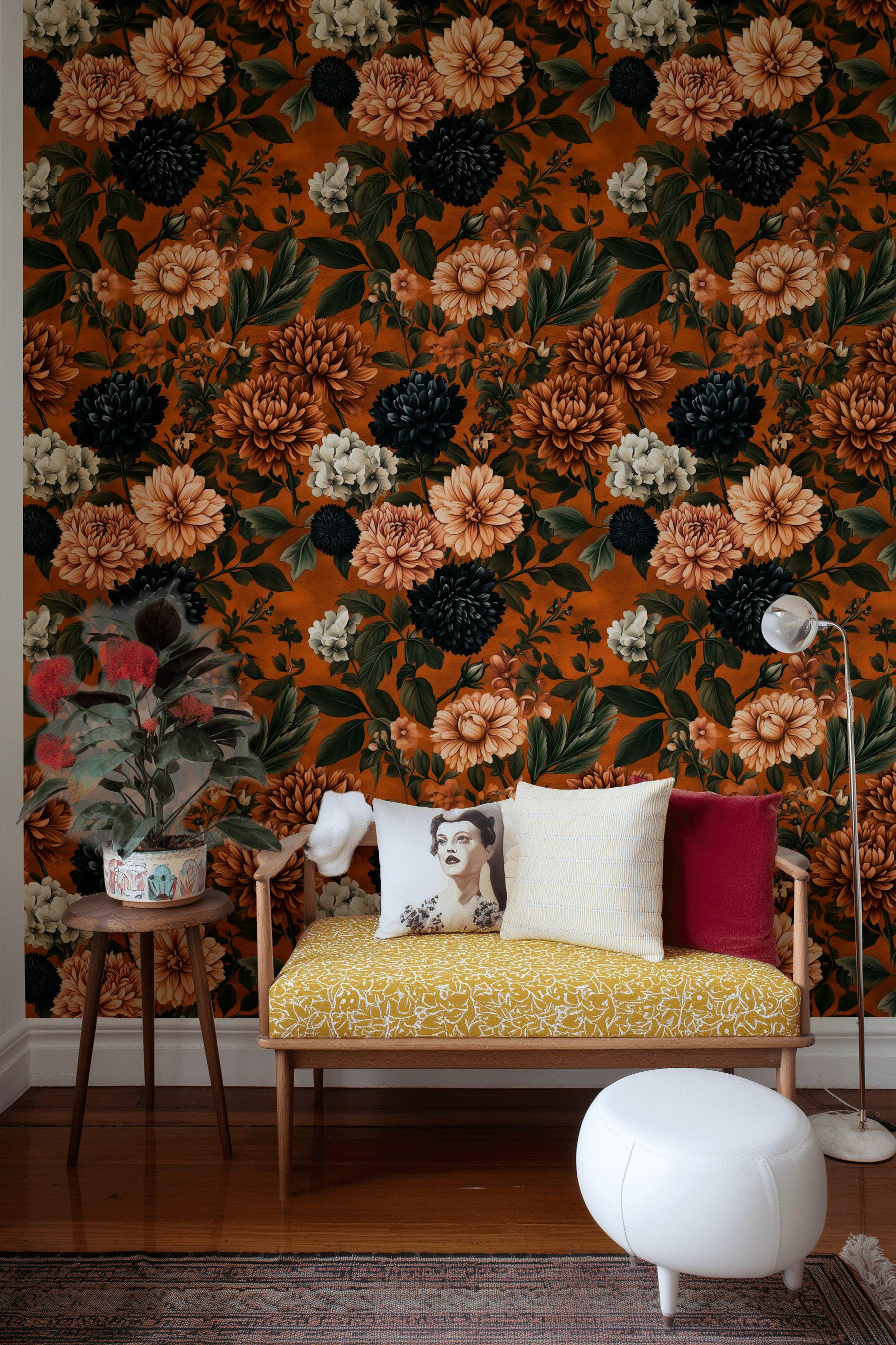 Orange Floral Wallpaper Black Dahlia Peel and Stick Vintage Bloom Wall  Mural - Etsy New Zealand, image size:1792x2688