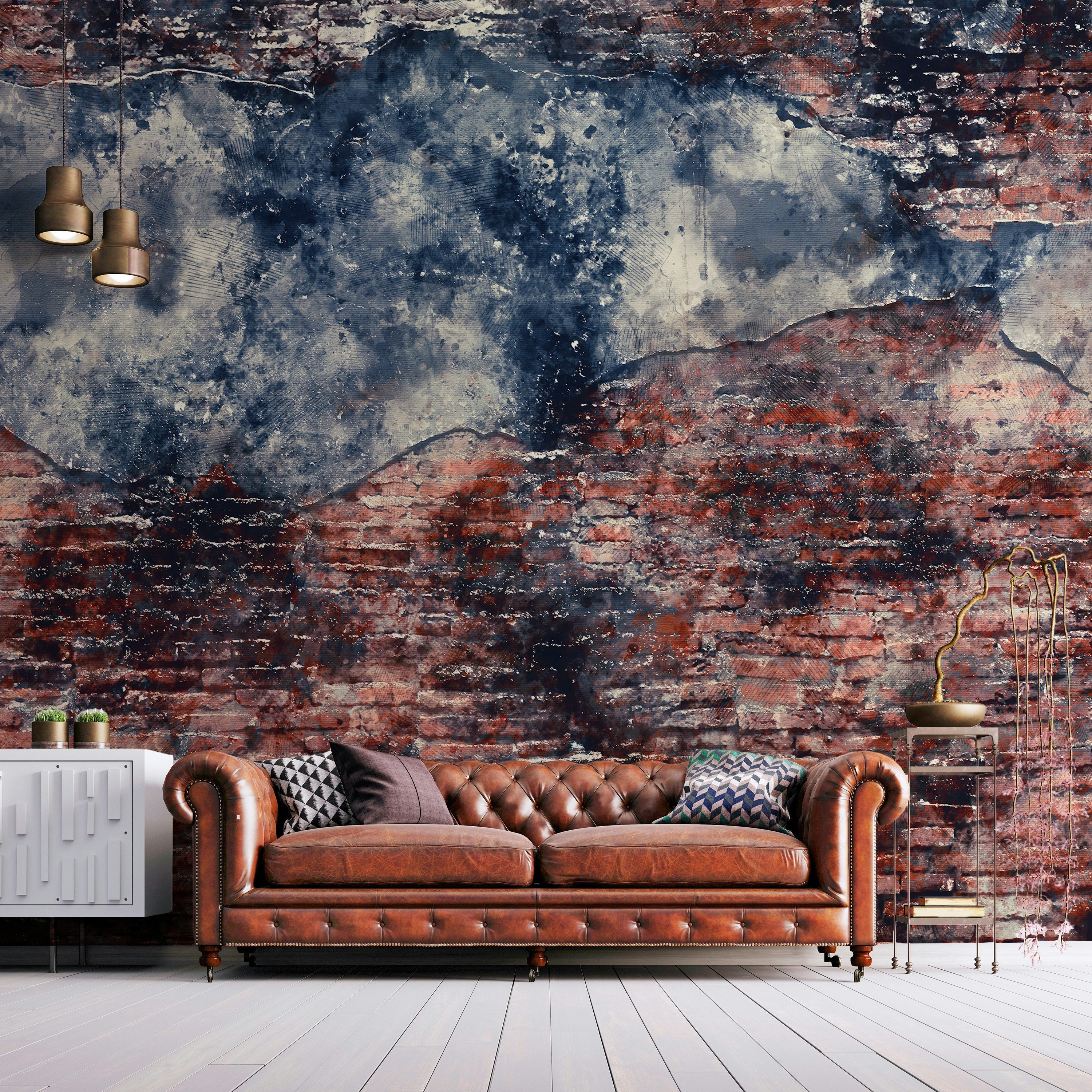 古いレンガの壁の水彩画の壁紙、剥がして貼るだけの粘着式壁画、壁の