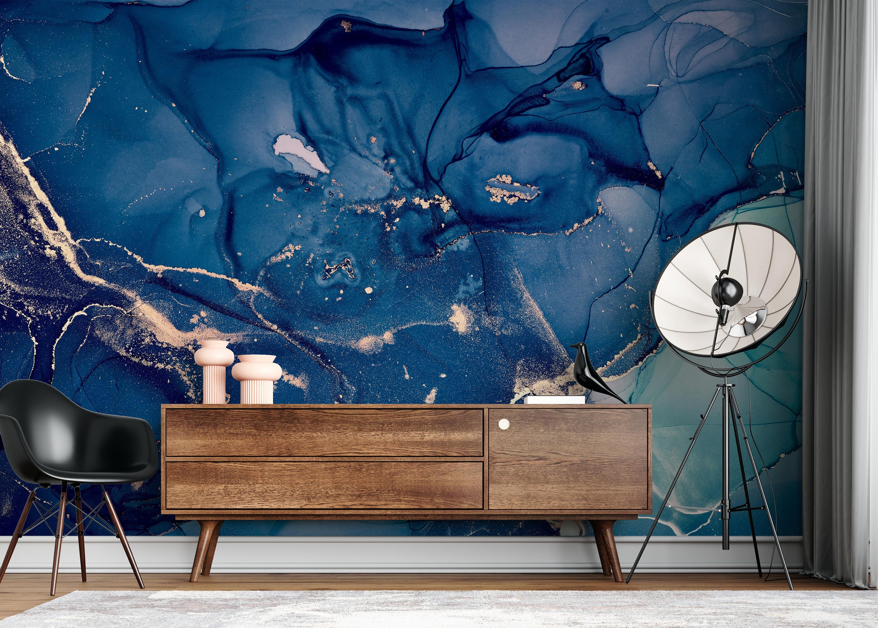 Abstract art dark blue faux gold art wallpaper mural Peel and stick removable or Traditional wall paper Custom size