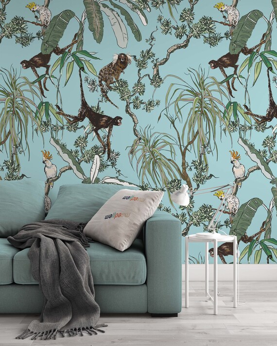 Removable Wallpaper,Tropical Wall Mural,Monkey with Umbrella,Vinyl or ...