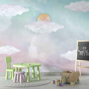 Blau Rosa Himmel Sonne und Wolken Tapete Selbstklebend Peel & Stick Wand dekoration minimalistisch skandinavisch abnehmbar