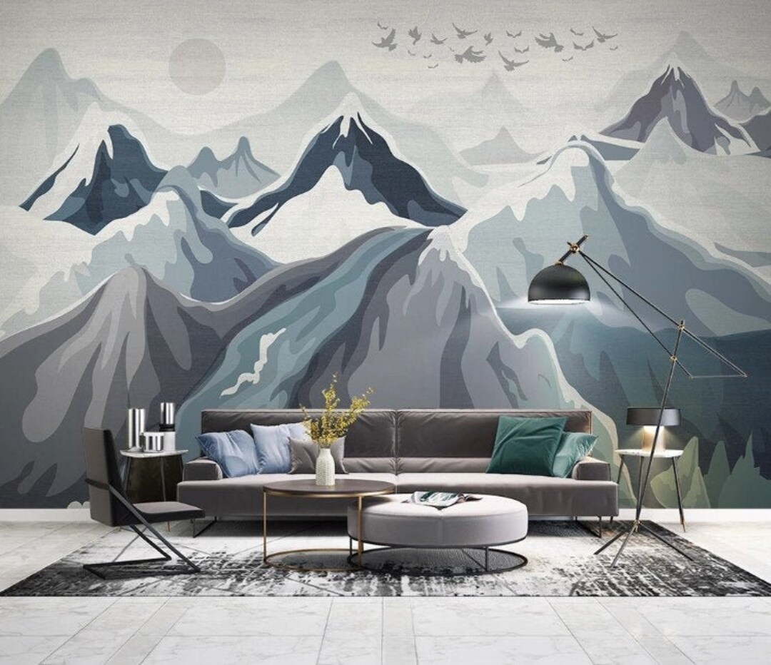 Watercolor Snowy Mountains Birds Wallpaper Self Adhesive Peel and Stick ...