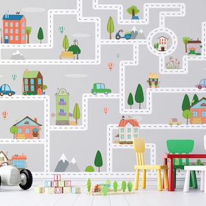 Cartoon City Plan Auto's Huizen Wegen Behang Zelfklevende Peel en Stick Muurschilderingen Wanddecoratie Kleuterschool Scandinavisch Verwijderbaar