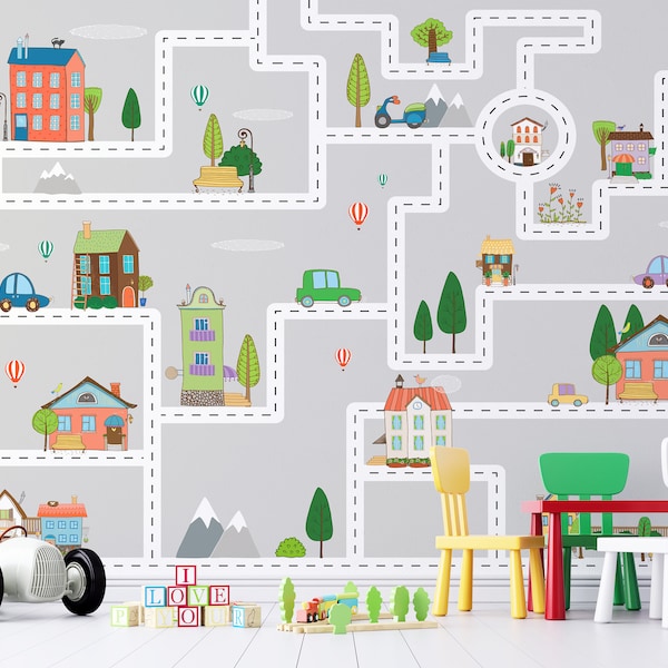 Cartoon City Plan Cars Houses Roads Wallpaper Self Adhesive Peel and Stick Wall Murals Wall Decoration Kindergarten  Scandinavian Removable