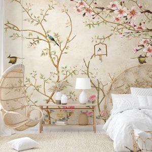Flowers and Birds On Beige Background Floral Chinoiserie Wallpaper Self Adhesive Peel and Stick Wall Mural Wall Decoration Removable