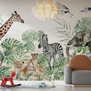 Carta da parati autoadesiva con giraffa, elefante, zebra, leone e cucciolo, palme, decorazione da parete rimovibile