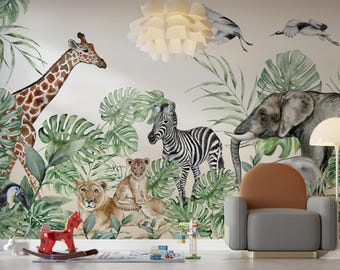 Wild Life Safari Giraffe Elephant Zebra Lion and Cub Palm Trees Wallpaper Self Adhesive Peel & Stick Wall Mural Wall Decoration Removable