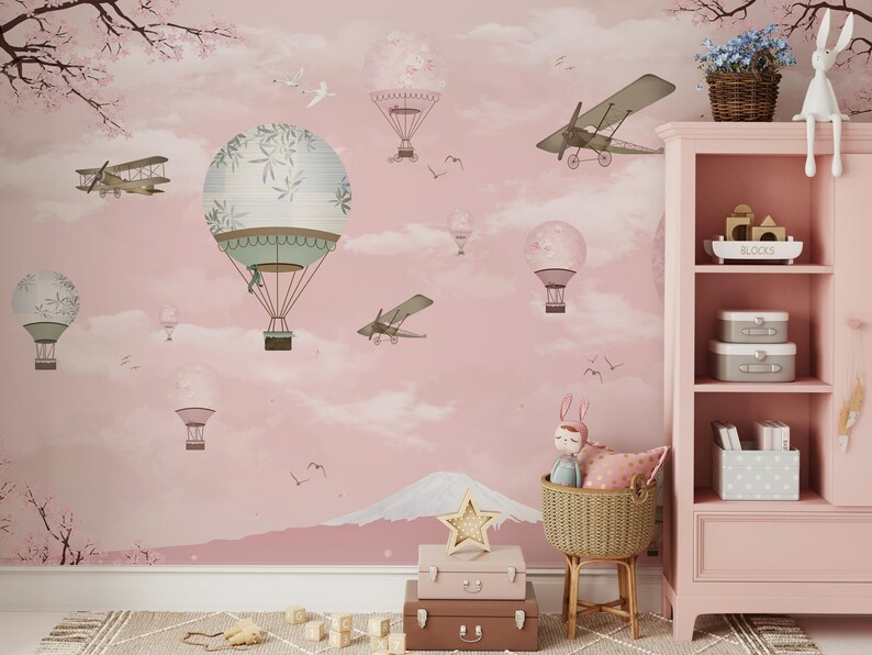 Hot Air Balloon Kids Wallpaper, Scandinavian Peel and Stick Mural - Etsy