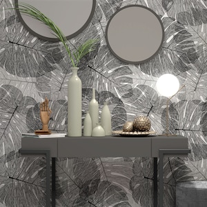 Monocromatico bianco e nero foglie di palma tropicale sfondo sfondo grigio carta da parati autoadesiva peel & stick murales decorazione murale rimovibile