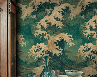 Japanese Wave Wallpaper Traditional Ocean Wall Mural Ukiyo-e Peel and Stick Wallpaper Blue Zen Decor